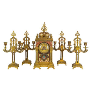 An Exceptional Quality Bronze Mounted Champlevé Enamel Clockset In Morish Style
